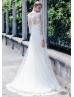 Long Sleeve Boat Neck Beaded White Lace Tulle Wedding Dress